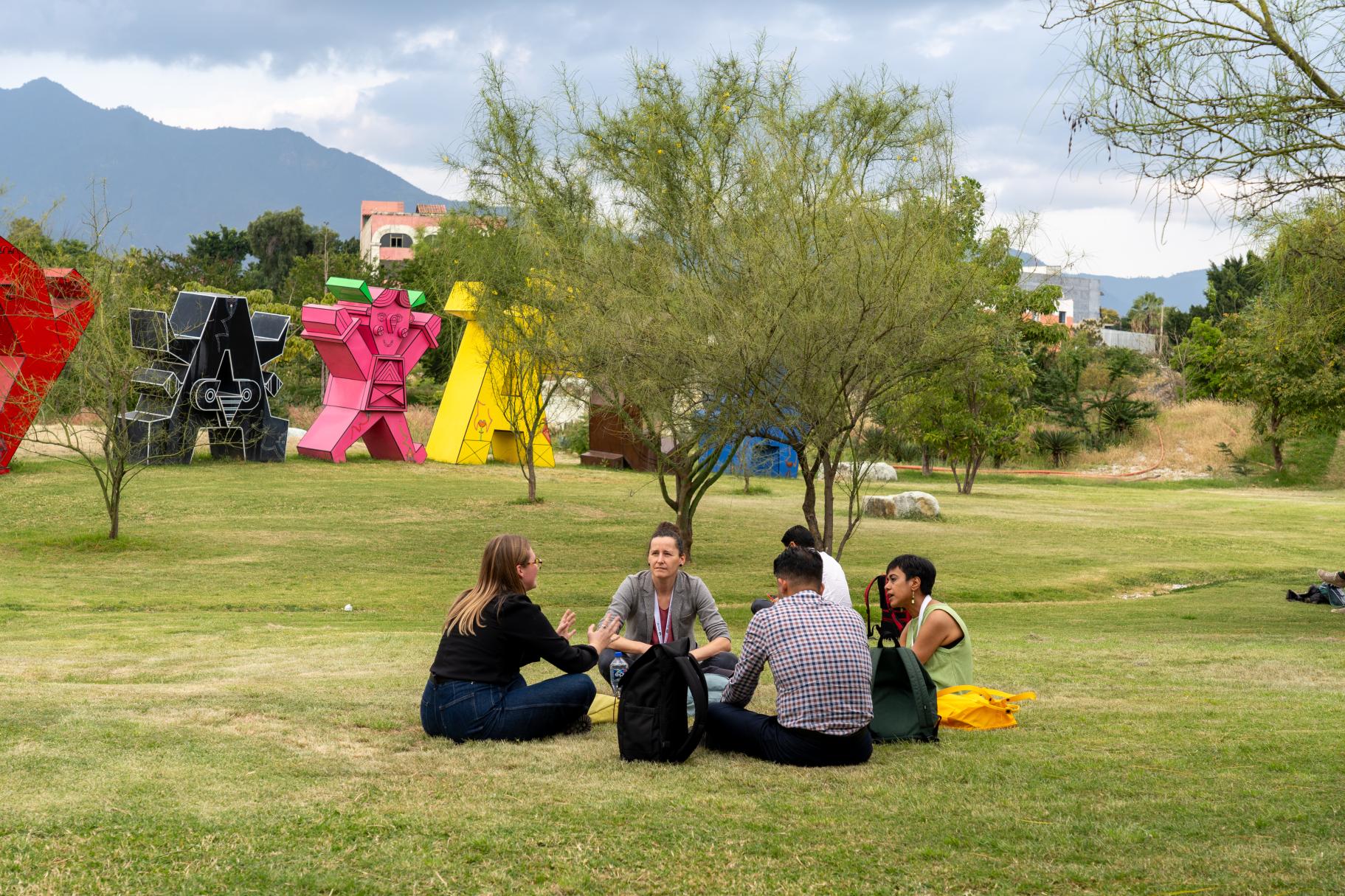 people having a conversation in a circle outside